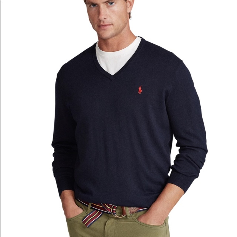 Polo Ralph Lauren V Neck Sweater Dark Navy Red Logo Large.